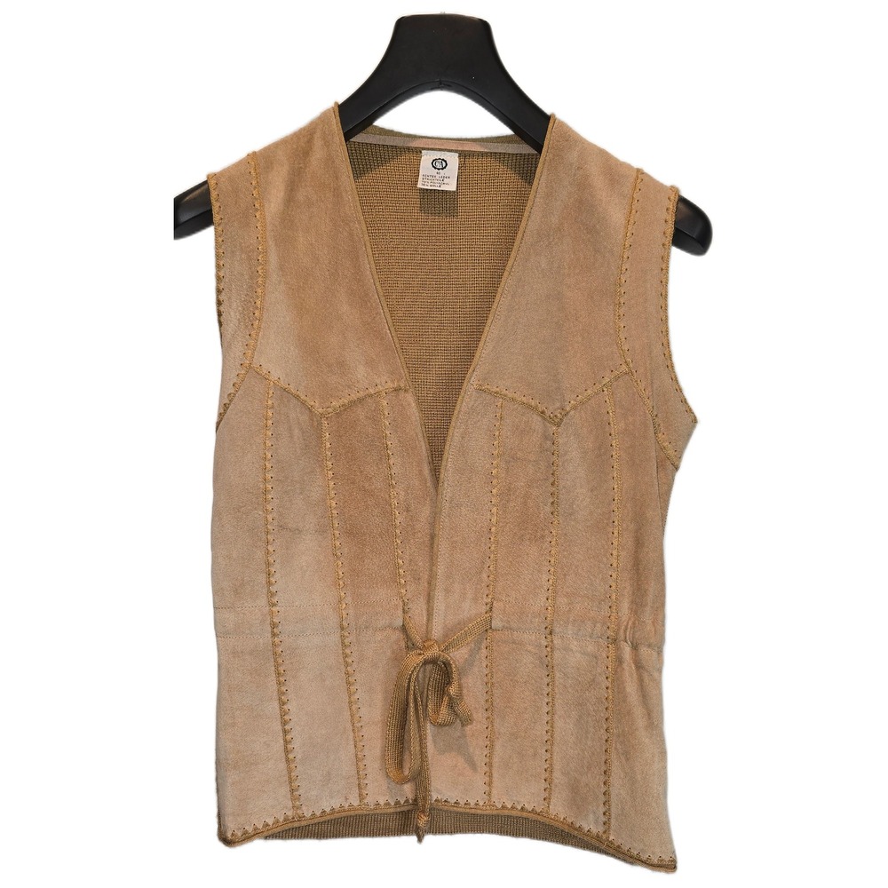 Vintage C&A Tan Leather‎ Knit Vest Whipstitch Detail Boho Western Size 40